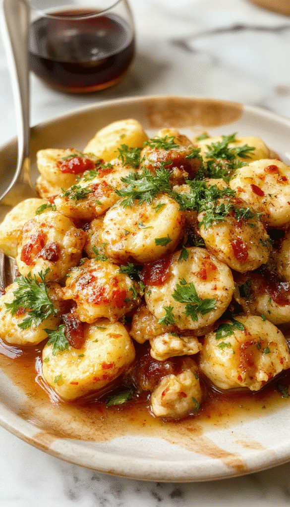 A vibrant bowl of creamy chicken tortellini garnished with fresh basil, served with a side of crusty bread. The dish features golden-brown tortellini swimming in a rich, savory sauce accented with shredded chicken and colorful vegetables, all beautifully plated on a rustic wooden surface with a sprinkle of grated cheese.