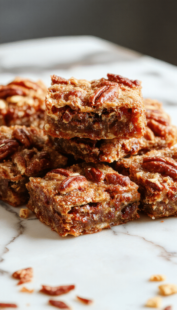 A close-up shot of golden-brown pecan pie bars arranged on a white plate, drizzled with caramel sauce, showing their crispy edges and gooey pecan filling, with a fork nearby and a rustic wooden background.