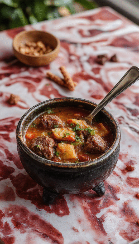 A bubbling black cauldron-style pot filled with rich beef stew, garnished with fresh herbs, set against a dark, mystical background with wooden table accents.