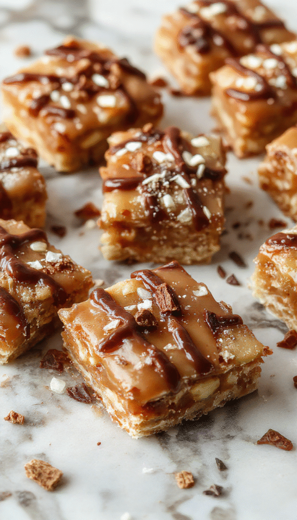 A close-up of golden-brown salted caramel apple bars with a drizzle of caramel sauce, topped with flaky sea salt and surrounded by fresh apple slices on a rustic wooden table.