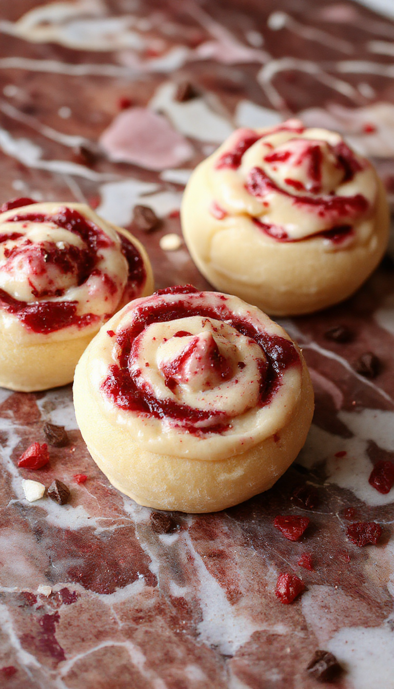 A close-up of vibrant red cranberry-filled roll ups coated with powdered sugar, elegantly plated on a festive holiday table with holly accents and a rustic wooden background. The texture showcases flaky pastry with a glossy cranberry filling, topped with holiday sprigs and a sprinkle of powdered sugar.