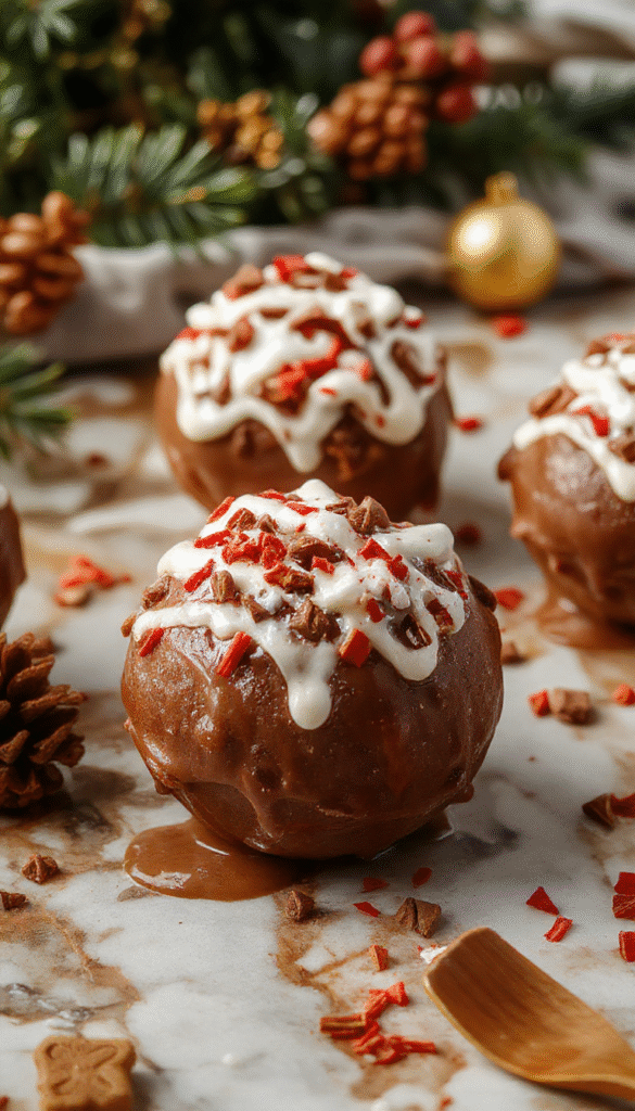 A vibrant Christmas hot chocolate bomb split open to reveal melted chocolate, marshmallows, and cocoa powder inside, surrounded by festive holiday decor, with a cozy winter backdrop and sprinkled powdered sugar on top.