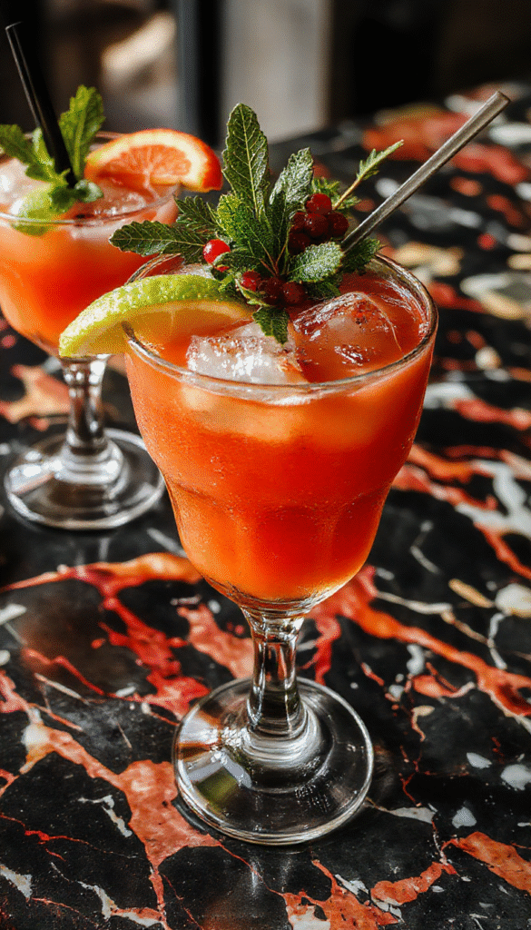 A vibrant festive cocktail in a tall glass garnished with lime slices and mistletoe leaves, with a shimmering sugar rim, set against a holiday-themed background with Christmas ornaments and soft fairy lights.