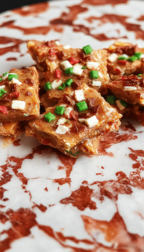 A close-up of golden brown Christmas toffee on a rustic wooden platter, topped with crushed nuts and a drizzle of chocolate, surrounded by holiday decorations and festive lights, creating a warm and inviting atmosphere.