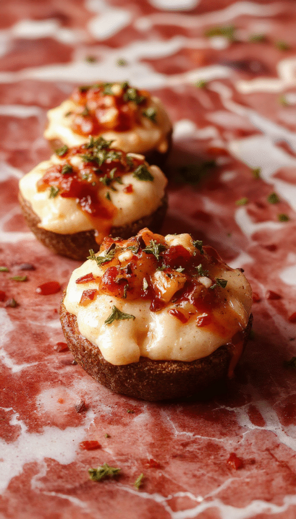 A colorful platter of assorted holiday appetizers featuring cheese, crackers, and vegetable garnishes. The presentation includes small bowls of dips, garnished with fresh herbs and citrus slices, styled on a rustic wooden table with twinkling holiday lights in the background.