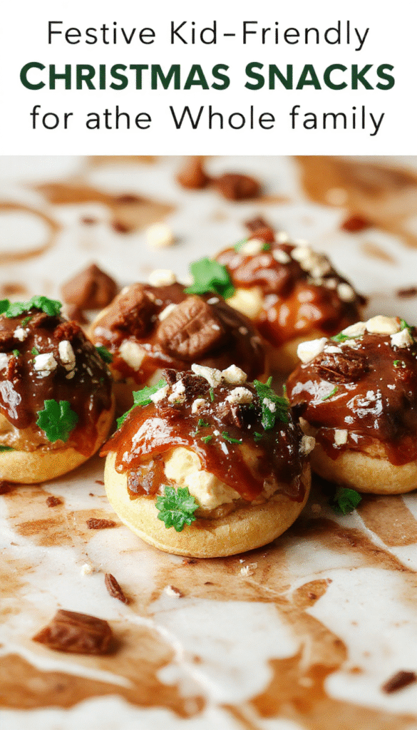 Colorful Christmas-themed kid's plate featuring mini sandwiches, cherry tomatoes, and holiday cookies. Bright red and green decorations, cheerful atmosphere, and playful presentation appeal to children.
