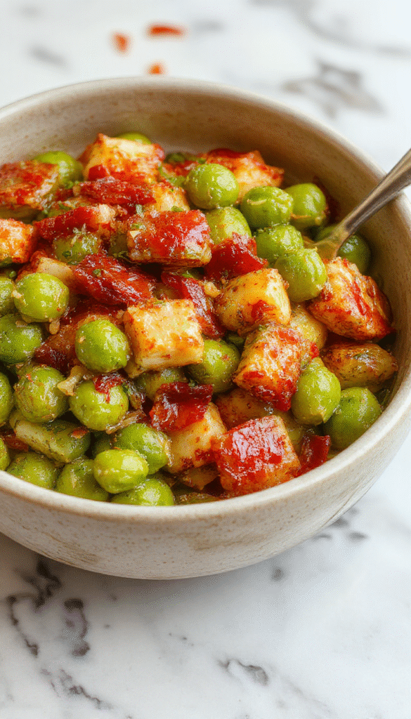 A vibrant plate of cooked green peas garnished with fresh herbs, served alongside a roasted turkey, with autumn-themed table setting, warm lighting highlighting the glossy peas and textured herbs.