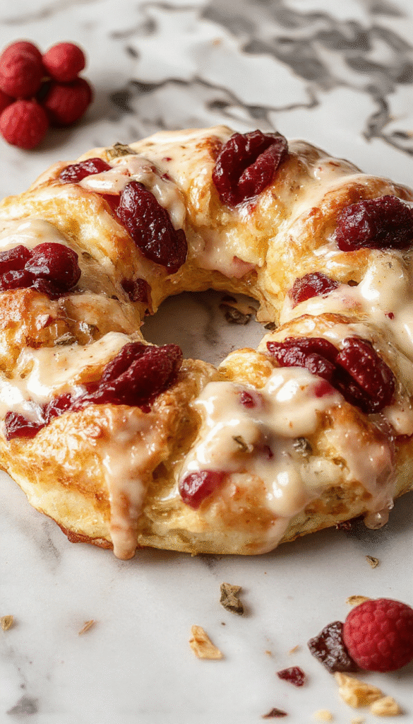 A beautifully plated crescent ring filled with juicy turkey, vibrant cranberry sauce, and melted cheese, garnished with fresh herbs on a rustic wooden platter, with a holiday-themed background featuring ornaments and candles, showcasing a colorful and inviting presentation with flaky golden crust textures.