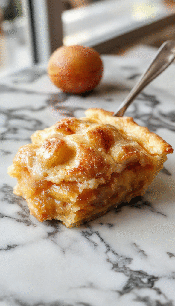 A rustic white plate holding slices of golden-brown apple pie with flaky crust, topped with a dusting of powdered sugar and slices of fresh apples on the side, set against a warm wooden background with a hint of cinnamon sticks.