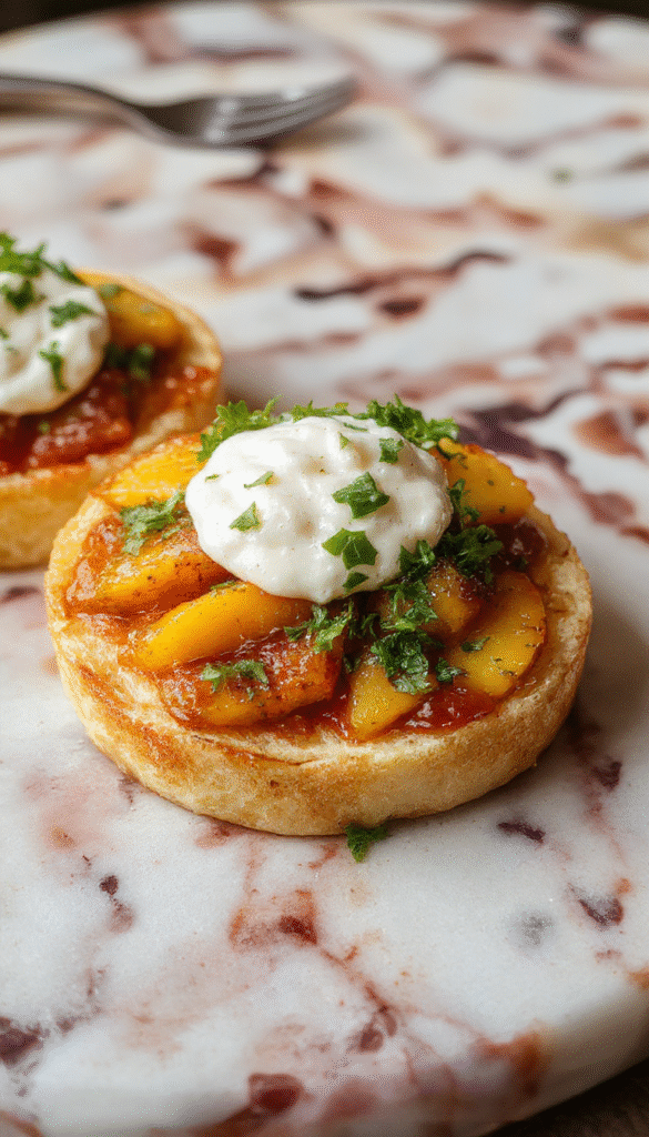 Bright and colorful peach bruschetta featuring toasted baguette slices topped with creamy whipped ricotta and vibrant fresh peach slices, garnished with mint leaves, served on a rustic wooden platter with a blurred background of a summer outdoor setting.