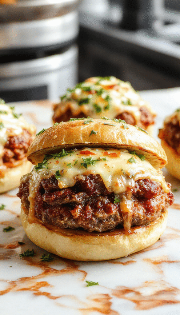 A close-up of cheesy garlic parmesan cheeseburger bombs arranged on a rustic plate, golden brown with melted cheese and herbs, garnished with fresh parsley, styled for a game day celebration with a vibrant background.