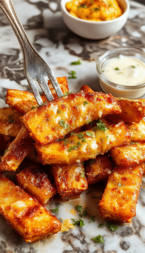 Colorful arrangement of crispy golden sweet potato wedges topped with grated parmesan and minced garlic on a rustic wooden platter, garnished with fresh herbs, styled for an inviting, wholesome presentation.