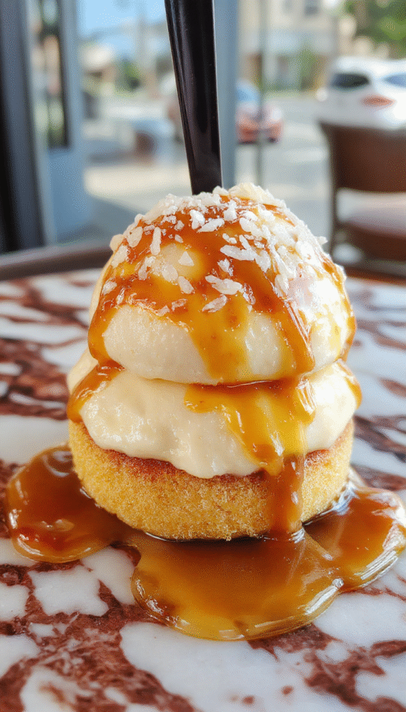 A close-up of a luscious salted caramel dessert sliced to reveal its soft, buttery texture with a glossy caramel topping, garnished with sea salt crystals on a rustic plate, with a caramel drizzle in the background, capturing the rich, inviting colors and creamy textures.