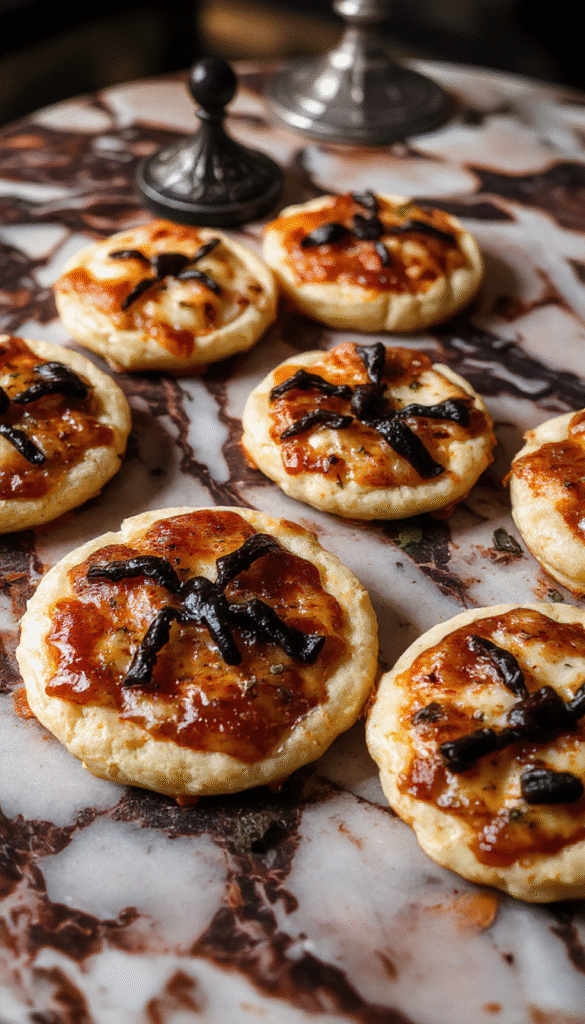 Colorful Halloween mini pizzas arranged on a festive platter, topped with vibrant toppings resembling spooky faces, with black and orange decorations in the background, crispy crusts with gooey melted cheese, and playful edible decorations