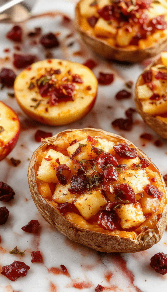 A vibrant close-up of a baked sweet potato split open, filled with a colorful mixture of chopped cranberries, diced apples, and fluffy sweet potato flesh, garnished with a sprig of fresh mint on a rustic wood plate.