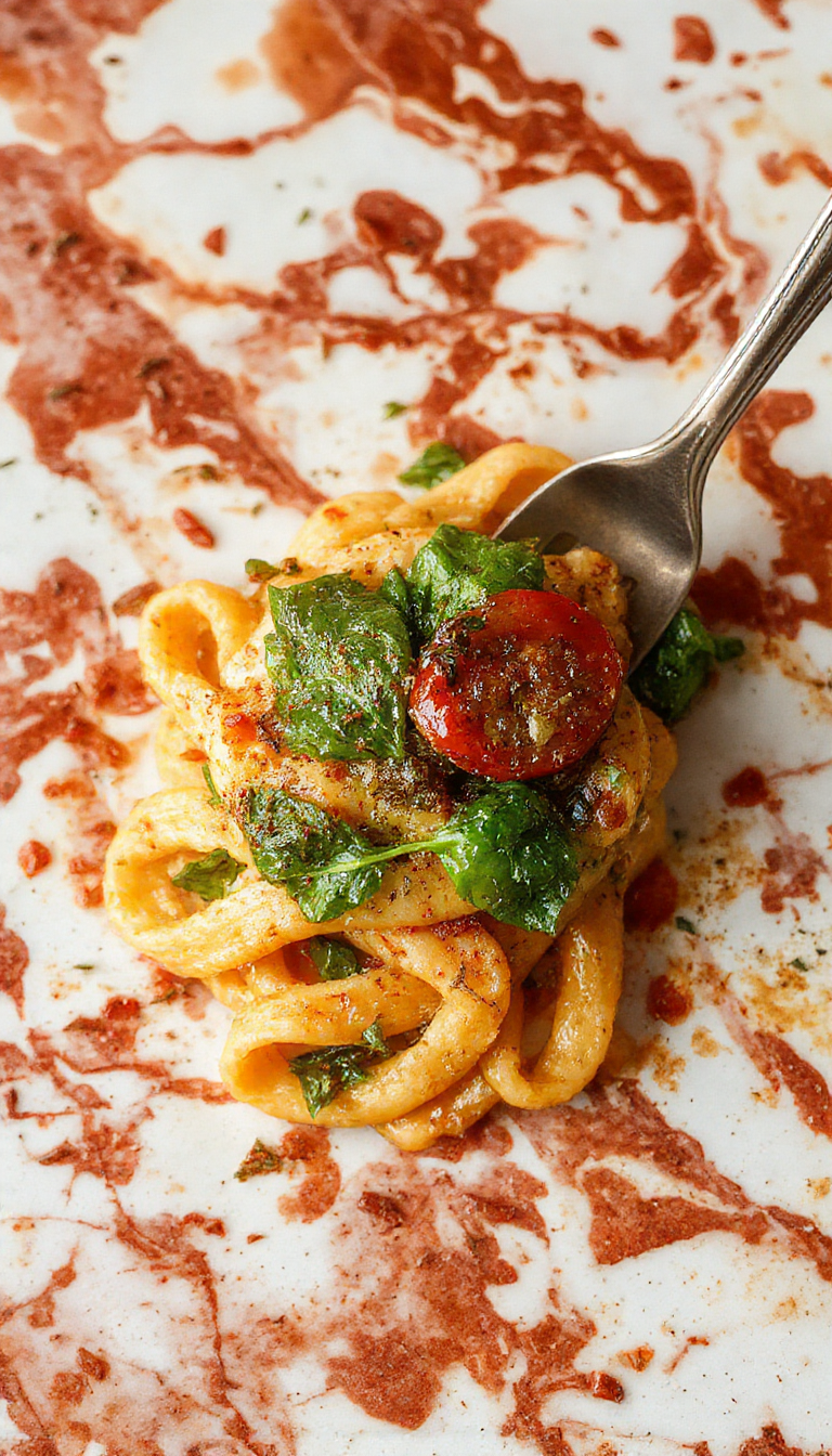 A colorful plate of spinach tomato pasta garnished with fresh basil and grated cheese, showcasing vibrant green spinach, bright red tomatoes, and perfectly cooked al dente pasta on a rustic white plate with a fork.
