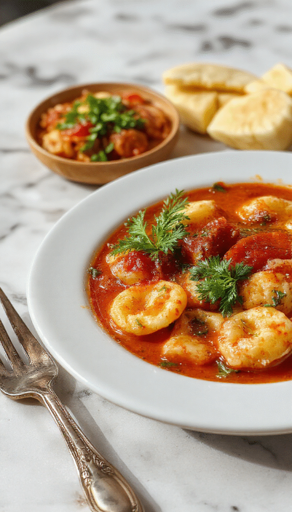 A vibrant bowl of tomato tortellini soup with plump tortellini floating in a rich red tomato broth, garnished with fresh basil leaves, served in a rustic white bowl on a wooden table with a spoon resting beside it, steam rising gently highlighting the textures of the ingredients.
