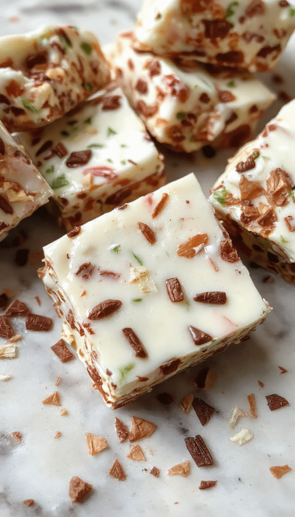 Colorful slices of protein yogurt bark with vibrant berries, nuts, and honey drizzles arranged on a white plate. The bark showcases a mix of creamy yogurt textured with colorful fruit toppings and crunchy nuts, styled with a rustic wooden background and natural lighting highlighting the fresh ingredients.