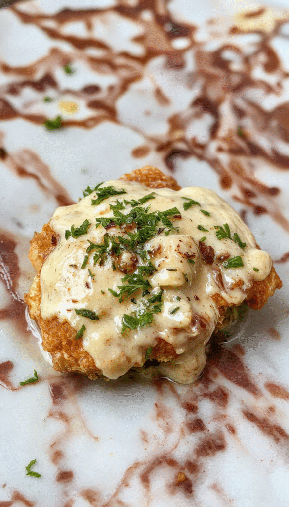 A close-up of a plated Irish chicken dish featuring golden-brown chicken breasts topped with a rich, creamy whiskey sauce with visible herbs and a glossy finish, garnished with fresh parsley on a rustic wooden table with a side of mashed potatoes and steamed vegetables, vibrant colors and inviting textures.