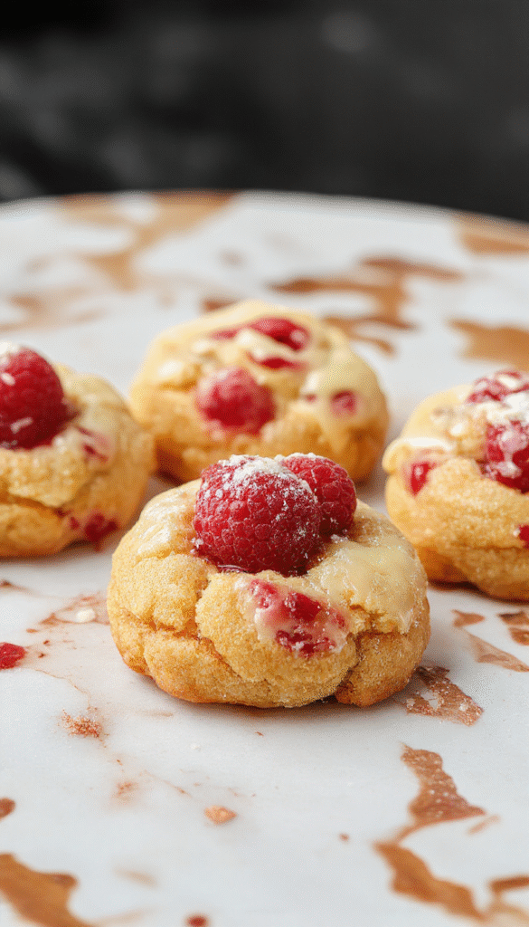 Colorful lemon raspberry cookies plated on a white dish, garnished with fresh raspberries and lemon zest. The cookies have a golden-brown crust with vibrant red raspberry chunks and a glossy lemon glaze accent. The background features a rustic wooden surface with scattered lemon slices and raspberries, styled for a bright and inviting dessert presentation.
