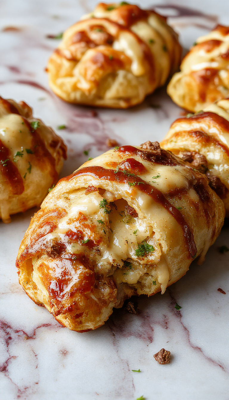 Golden-brown crescent rolls filled with cheesy chicken and herbs, served on a white plate with a melted cheese stretch, garnished with chopped parsley, steaming hot and flaky with a crispy exterior and gooey interior