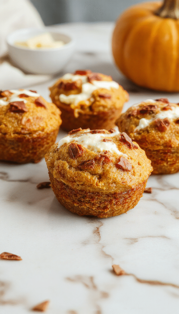 Mini pumpkin muffins topped with a dollop of smooth cottage cheese, golden-brown crust, vibrant orange pumpkin puree swirled inside, presented on a rustic wooden plate with a sprinkle of cinnamon and fresh pumpkin seeds, styled with autumn-themed accents.