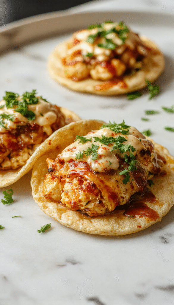 Colorful mini baked chicken tacos arranged on a rustic wooden platter. Crispy golden tortillas filled with tender shredded chicken, topped with fresh lettuce, diced tomatoes, shredded cheese, and a drizzle of sour cream. Vibrant green and red toppings add contrast, with a sprinkle of cilantro for garnish, styled in a casual, inviting setting.