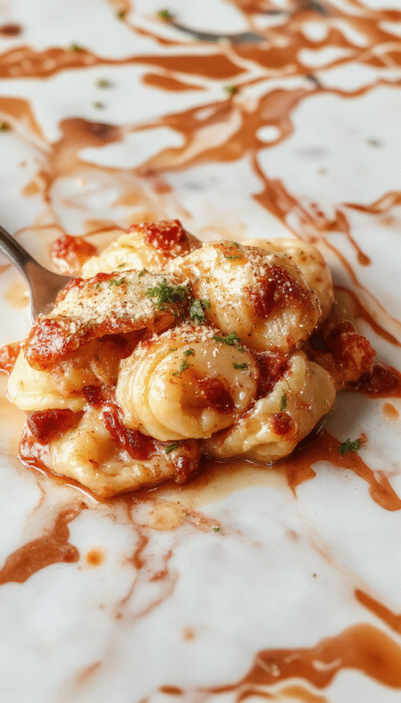 Colorful plate of cheesy tortellini with fresh basil and cherry tomatoes, garnished with grated Parmesan on a glossy white plate, styled with rustic wooden background and vibrant ingredients
