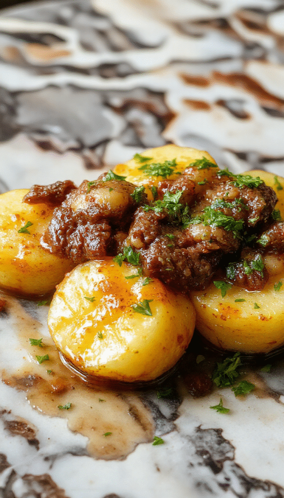 A close-up of savory beef bites coated in glossy garlic butter sauce, served atop crispy roasted potatoes with fresh herbs, arranged on a rustic white plate with a wooden table background.