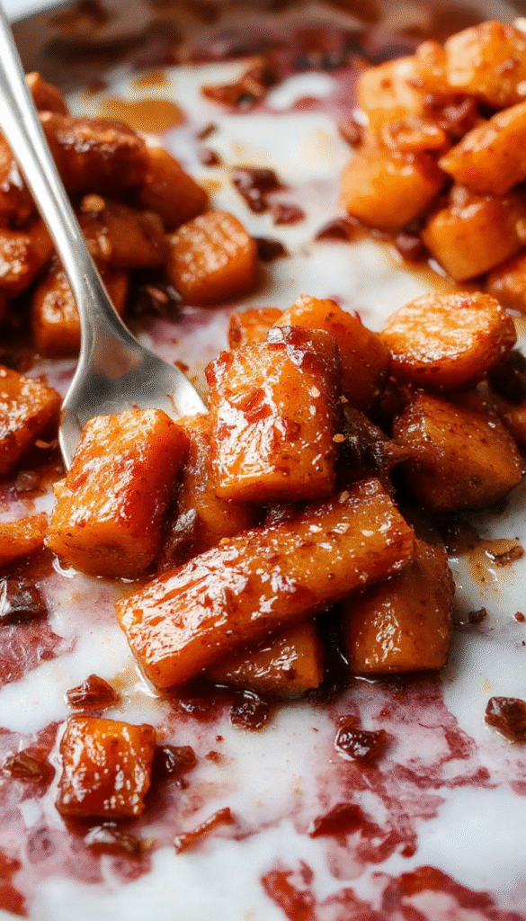 Colorful glazed carrots arranged on a white plate, coated with a glossy maple and brown sugar glaze, garnished with fresh herbs, styled in a rustic kitchen setting.