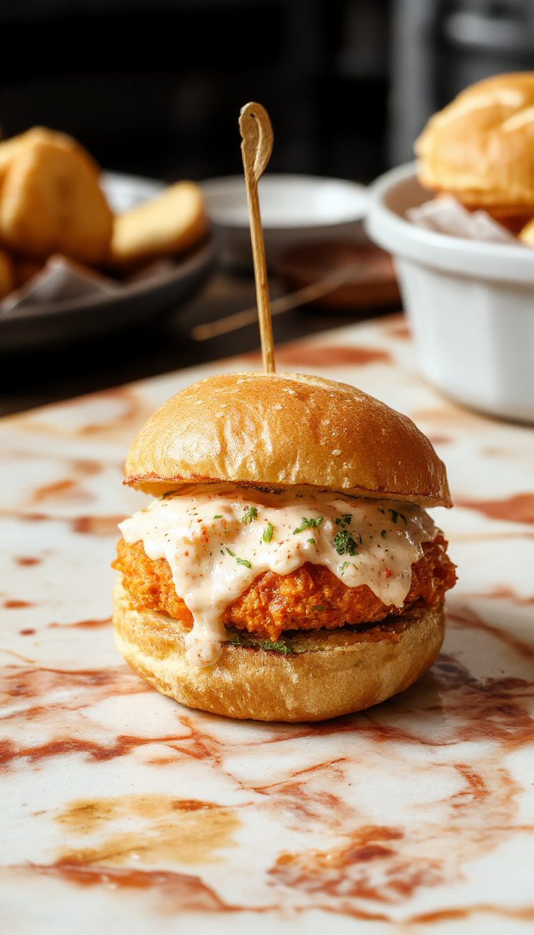 Colorful buffalo chicken sliders on a white plate with crispy buns, melted cheese, shredded chicken coated in bright orange buffalo sauce, garnished with fresh celery and parsley, styled with a side of blue cheese dressing and celery sticks for an appetizing, textured culinary presentation.