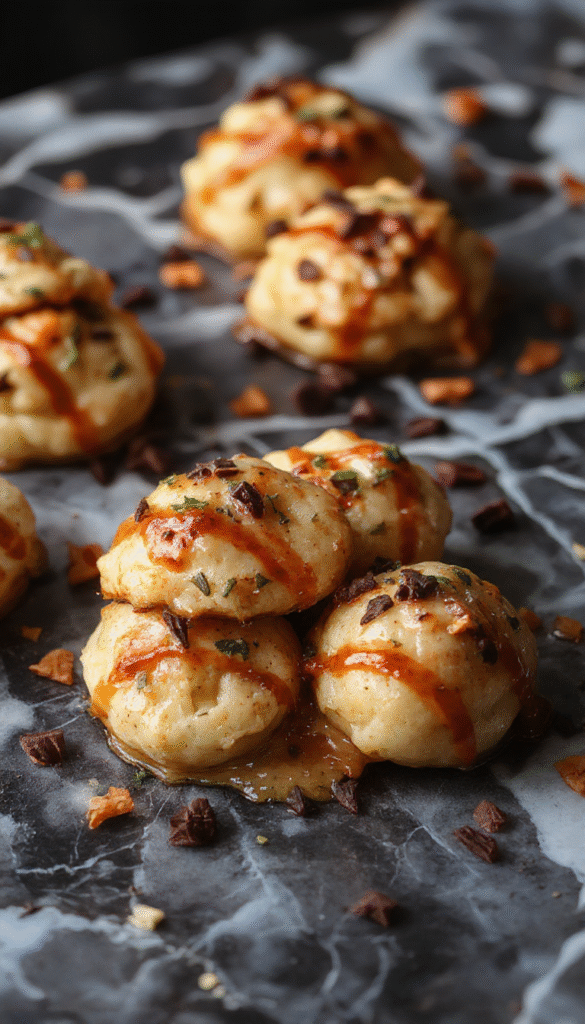 Colorful Halloween themed appetizers arranged on a dark slate platter, featuring decorated deviled eggs, ghost-shaped cheese balls with spooky garnishes, and pumpkin-shaped veggie dips, with vibrant orange, black, and green colors highlighting the festive nature, styled with eerie Halloween decorations and shimmering light reflections.