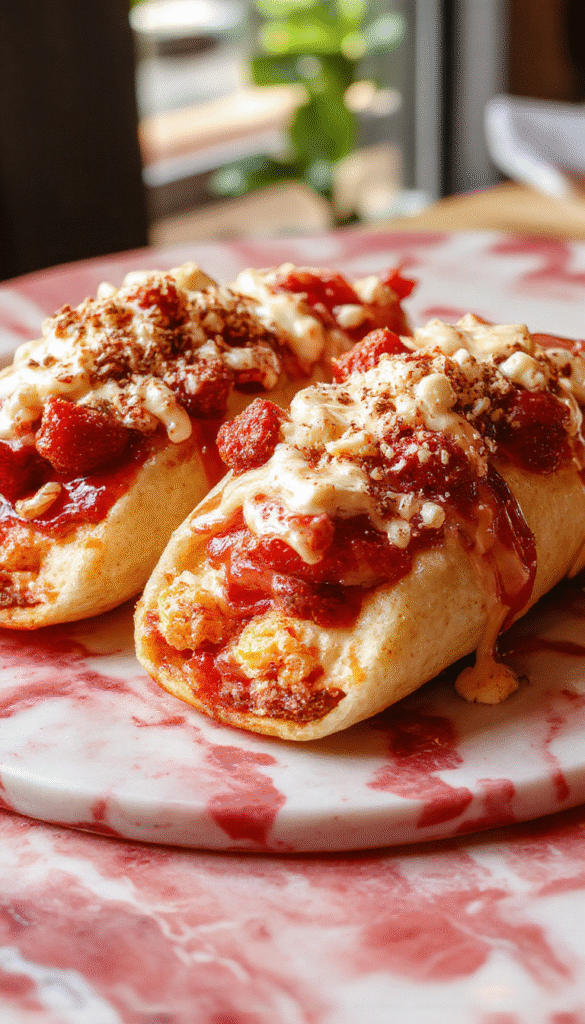 A colorful plate featuring crispy waffle taco shells filled with creamy cheesecake filling topped with fresh sliced strawberries and a crunchy crumble topping, garnished with mint leaves, vibrant red strawberries, and powdered sugar on a rustic wooden surface.