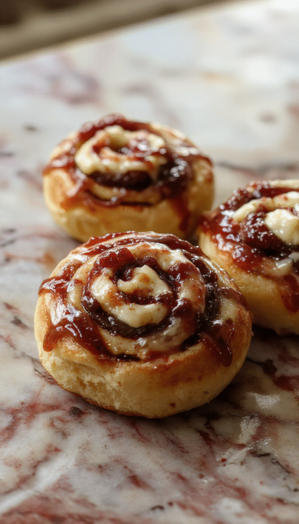 Golden-brown swirl buns topped with a glossy glaze, sliced to reveal sweet cheese and vibrant currant jam filling, garnished with powdered sugar, styled on a rustic parchment-lined tray
