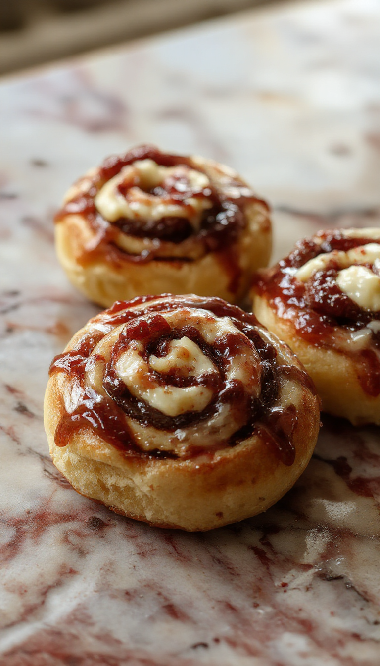 Golden-brown swirl buns topped with a glossy glaze, sliced to reveal sweet cheese and vibrant currant jam filling, garnished with powdered sugar, styled on a rustic parchment-lined tray