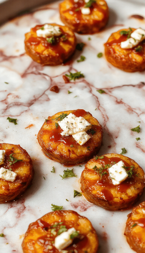 Colorful round roasted sweet potato slices topped with crumbled feta cheese and drizzled with golden honey, arranged on a rustic wooden platter with fresh herbs, showcasing vibrant orange and white textures.