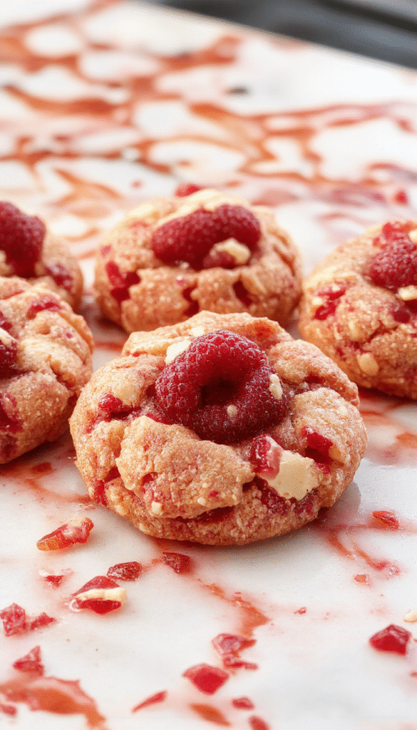 A close-up image of a plate of golden-brown strawberry crunch cookies topped with crushed freeze-dried strawberries and drizzled with white chocolate, arranged on a rustic wooden surface with fresh strawberries and mint leaves in the background.