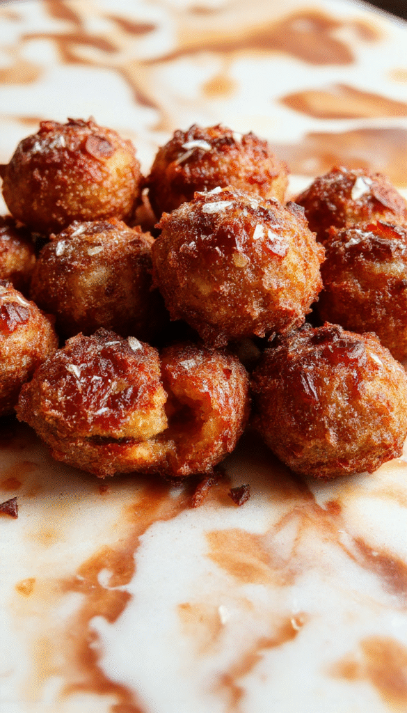 Colorful plate of golden baked churro bites dusted with cinnamon sugar arranged neatly on a white ceramic plate with a drizzle of chocolate sauce, mint leaves for garnish, and a rustic wooden background showcasing the crispy texture and inviting aroma.