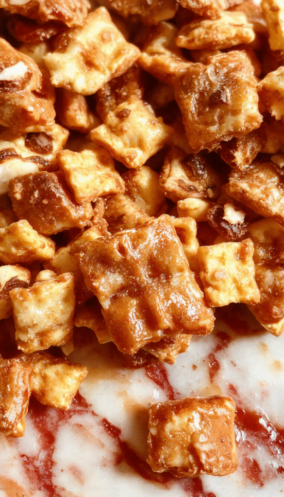 A vibrant bowl of homemade Toffee Chex Mix filled with golden, crunchy Chex cereal coated in glossy caramel and toffee bits, sprinkled with chopped nuts and sea salt, styled on a rustic wooden surface with drizzles of melted chocolate and colorful candies