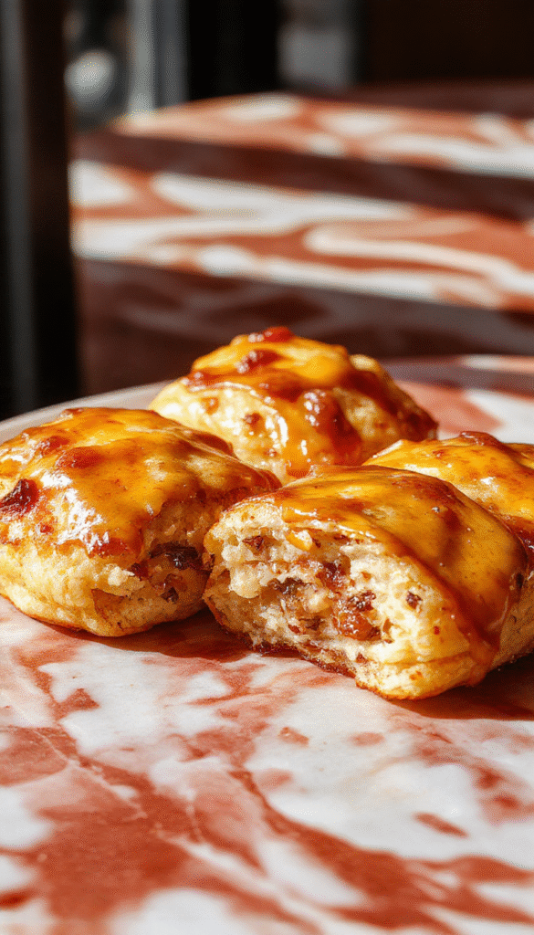 Colorful plate of golden brown McGriddle Bites arranged neatly with syrup drizzled on top, fluffy inside, crispy edges, and garnished with a small sprig of fresh herbs.