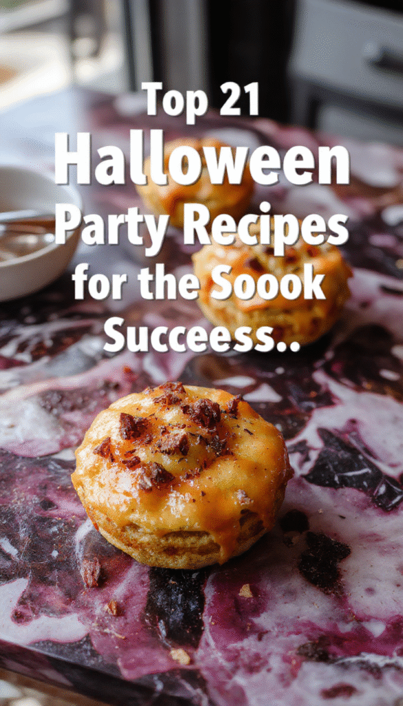 Colorful plate of Halloween-themed treats with orange, black, and green decorations. Includes spooky cupcakes, monster cookies, and ghoulish dips, all styled creatively on a festive tablecloth with themed props.