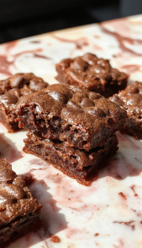A close-up of a batch of fudgy chewy browkies sliced and stacked on a rustic wooden platter, showcasing a glossy chocolate top, moist interior, and crispy edges with a shiny crust, decorated with a sprinkle of sea salt and a few chocolate chunks for texture and visual appeal.