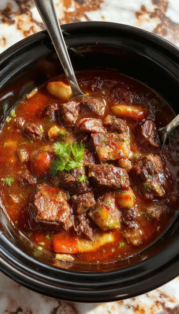 A rustic bowl of beef stew featuring tender chunks of beef, carrots, potatoes, and celery in a rich, savory broth, garnished with fresh herbs, styled on a wooden table with a napkin and spoon for a homely, comforting look.