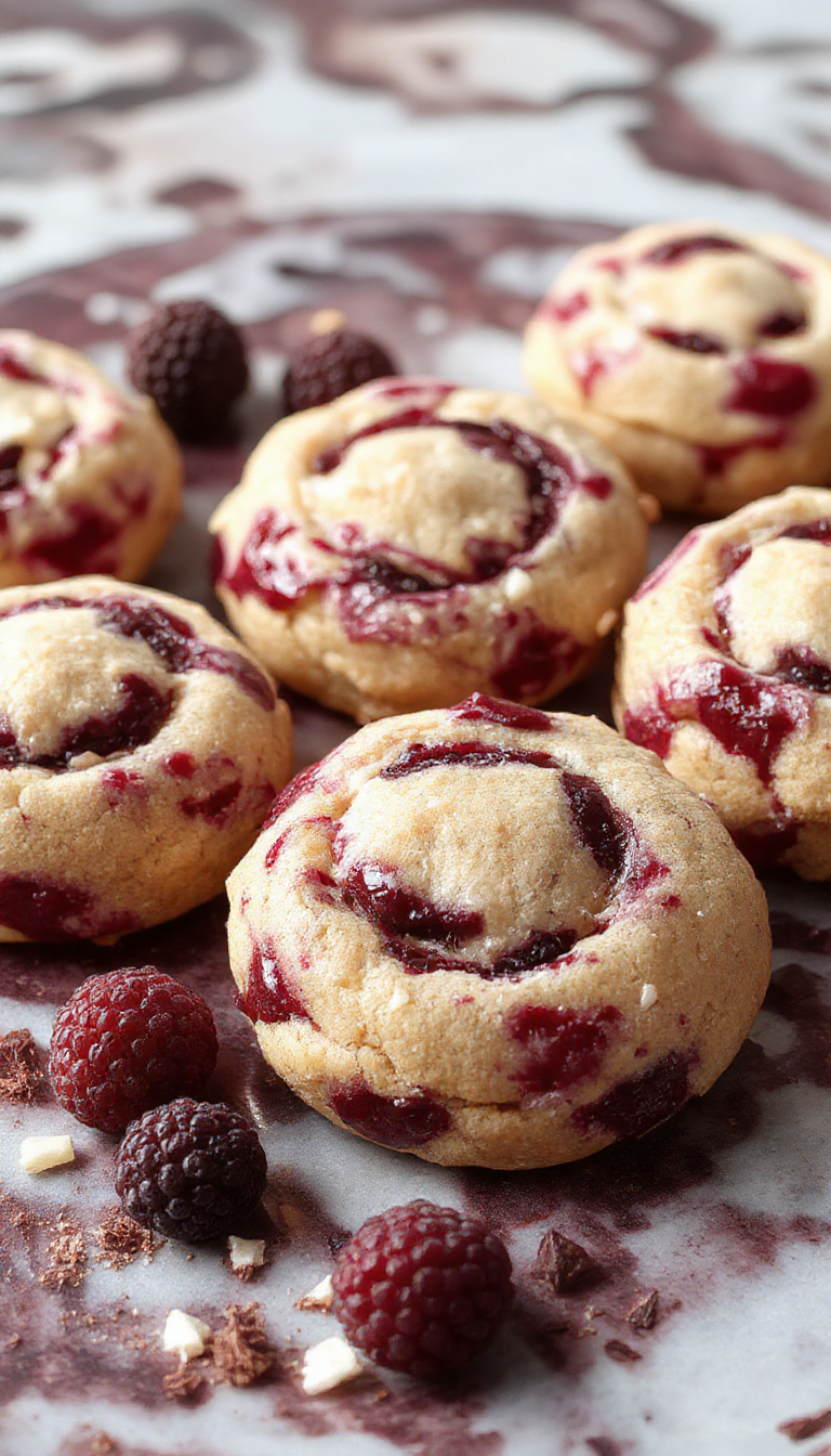 Vibrant raspberry swirl cookies plated on a rustic white dish, showcasing a glossy berry swirl pattern with a golden-brown crust, garnished with fresh raspberries and mint leaves for a colorful presentation.