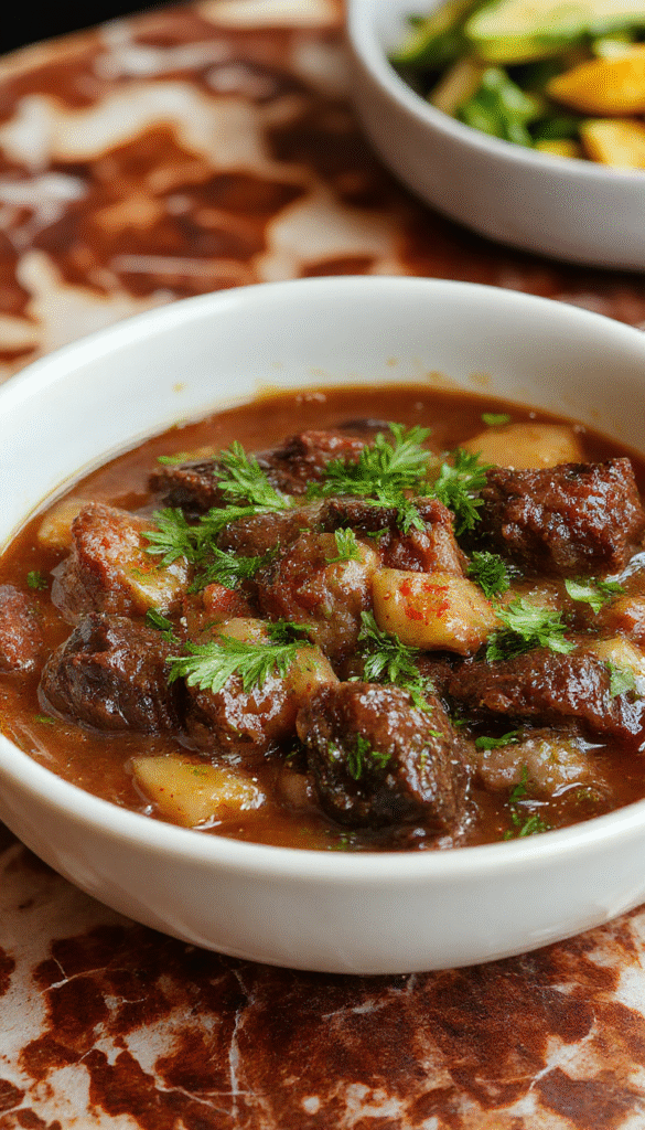 A rich, dark simmering cauldron filled with tender chunks of beef, carrots, potatoes, and herbs, topped with a sprig of thyme, steam rising against a rustic wooden background, atmospheric and inviting.