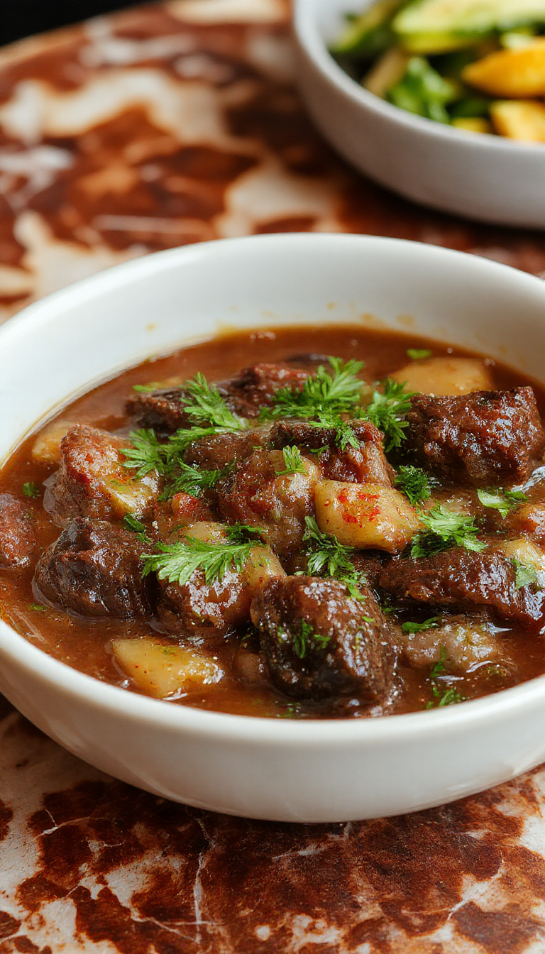 A rich, dark simmering cauldron filled with tender chunks of beef, carrots, potatoes, and herbs, topped with a sprig of thyme, steam rising against a rustic wooden background, atmospheric and inviting.