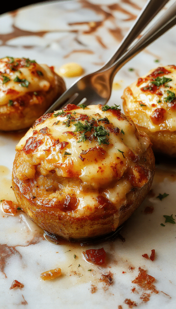 A vibrant, golden-brown cheesy French onion potato bake in a white ceramic dish, topped with melted cheese and caramelized onion slices, garnished with fresh herbs, with a cozy holiday table setting in the background.
