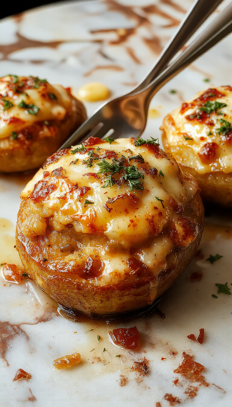 A vibrant, golden-brown cheesy French onion potato bake in a white ceramic dish, topped with melted cheese and caramelized onion slices, garnished with fresh herbs, with a cozy holiday table setting in the background.