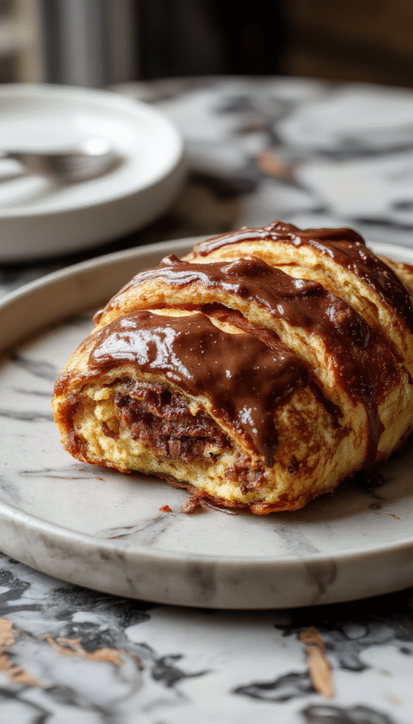 A golden-brown chocolate croissant breakfast bake sliced open revealing layers of flaky croissants, melted chocolate, and creamy filling. The dish is elegantly plated on a white dish with a dusting of powdered sugar, with fresh berries and mint garnish. The background features a rustic kitchen setting with natural light illuminating the texture and rich colors of the baked dessert.