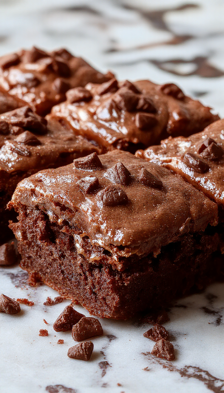 A close-up of a rich chocolate brownie slice topped with a creamy chocolate mousse layer, garnished with a sprig of mint and chocolate shavings, showcasing the velvety textures and glossy finish.
